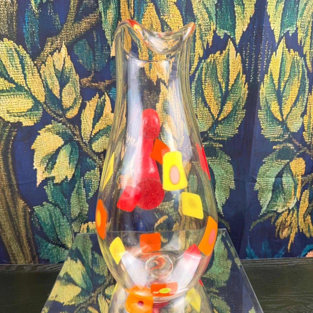 Hand Blown Glass‎ Pitcher MCM Murrine Style Red Yellow Orange Geometric 12.5in